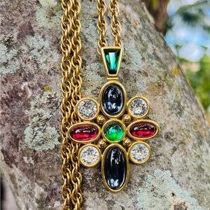 Vintage Jewelry 1980s Signed Monet Gripoix Glass Maltese Cross Pendant Necklace